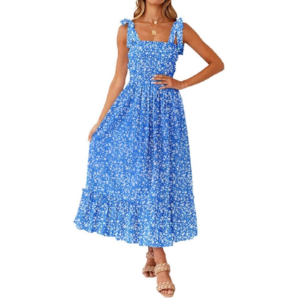 Women's Rayon Maxi Dress Boho Summer Square Neck Ruffle Beach Dress